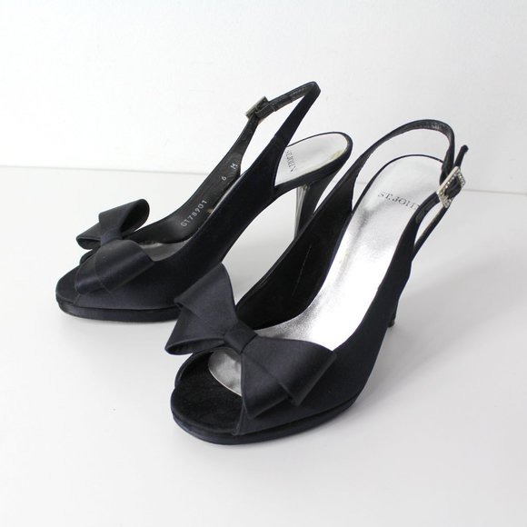 St John Black Satin Peep Toe Slingback Evening High Heels Bow Jeweled Shoes 6M - Picture 4 of 15
